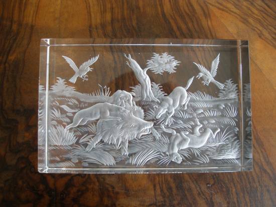 Plaquette, cut crystal with engraved wild boars fighting withdogs