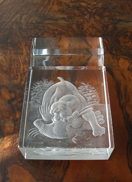 Engraved glass plaquettte with lux and heath cock